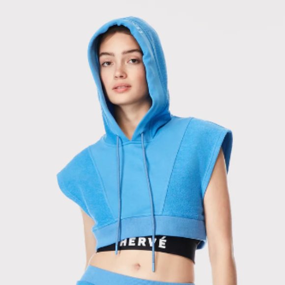 Herve Leger Tops - Hervé by Hervé Léger Cropped Paneled Hooded Sweatshirt in Blue Size Small